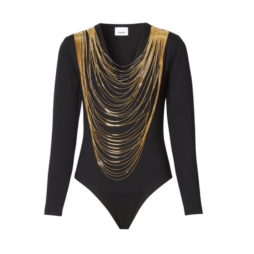 Burberry Chiers Multi-Chain Black Gold Chain V-Neck Long Sleeve Bodysuit NWT XL - Picture 3 of 7
